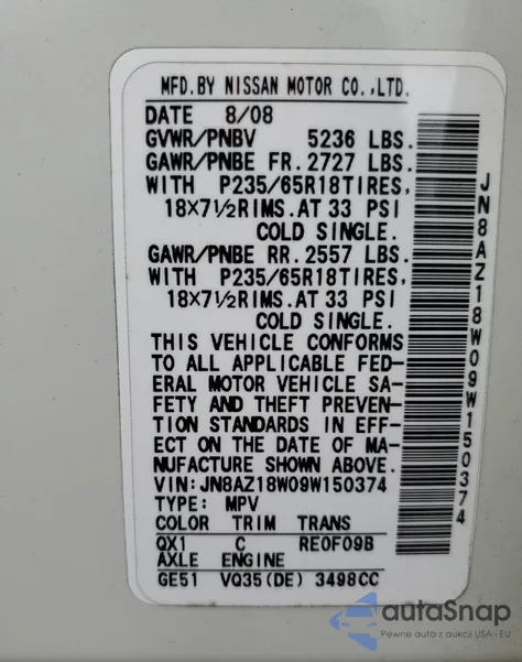 2009 Nissan Murano S z USA, uszkodzony, nr VIN JN8AZ18W09W150374